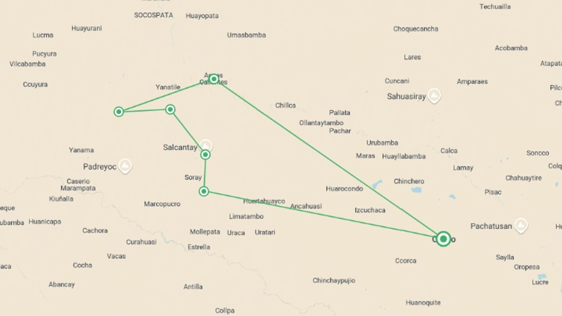 A map showing the tour itinerary for the trip: Salkantay Trek & Machupicchu Tour, starting in Cusco, Peru and ending in Cusco, Peru going through 5 other destinations.