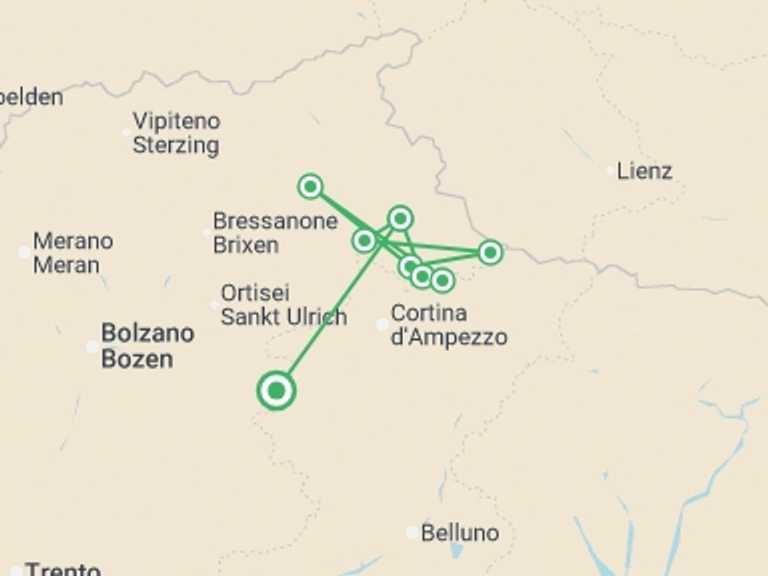 Map itinerary of Italy Tour in May 2027 with 9 destination visits for the trip: Classic Dolomites Hikes - Premium Adventure