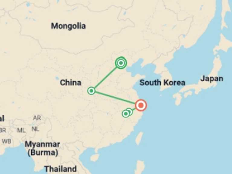 Map itinerary of China Tour in September 2026 with 6 destination visits for the trip: North China Getaway