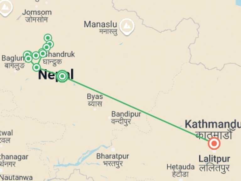 Map itinerary of Pokhara Tour in March 2027 with 11 destination visits for the trip: Annapurna Base Camp Trek - 9 days
