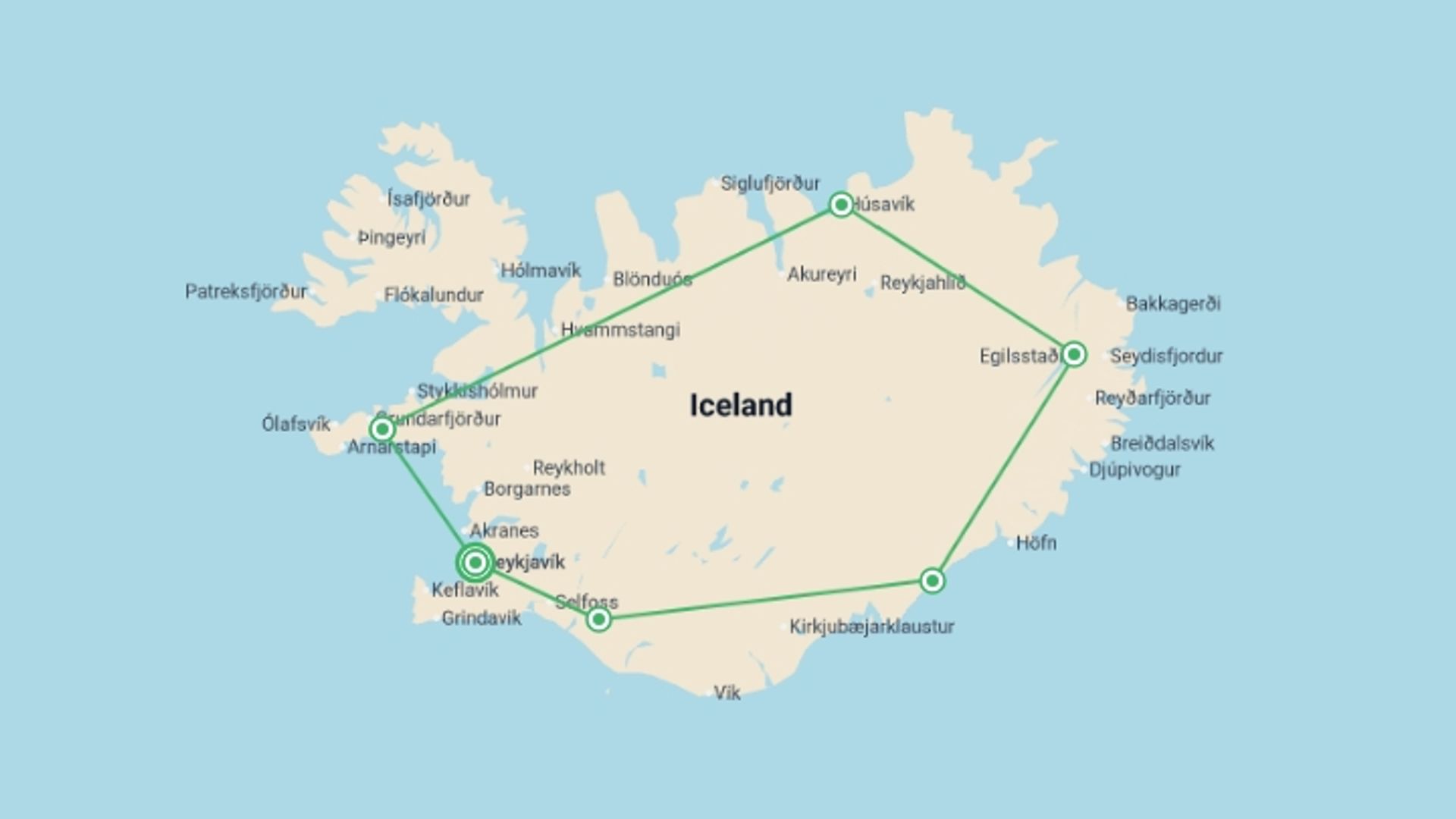 A map showing the tour itinerary for the trip: Premium Iceland, starting in Reykjavik, Iceland and ending in Reykjavik, Iceland going through 3 other destinations.