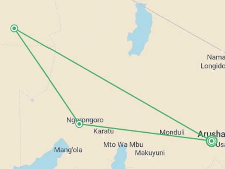 Map itinerary of Tanzania Tour in April 2027 with 4 destination visits for the trip: Serengeti and Ngorongoro Safari: 3 Days