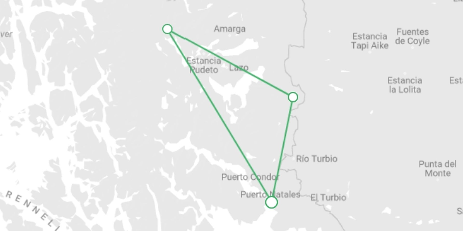 A map showing the tour itinerary for the trip: Torres del Paine W Express Trek 4D/3N (Self-Guided), starting in Puerto Natales, Chile and ending in Puerto Natales, Chile going through 2 other destinations.