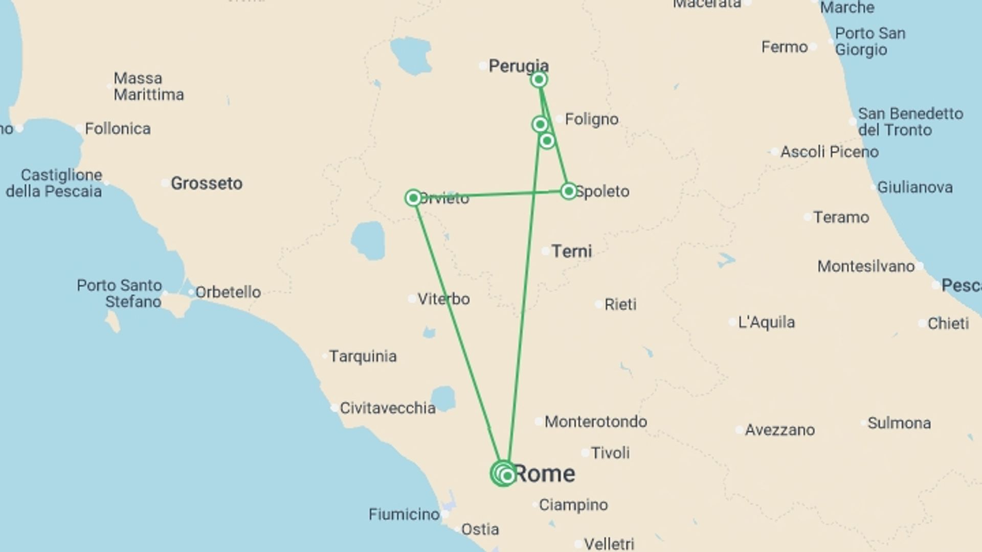 A map showing the tour itinerary for the trip: Upgraded - Walking Italy: Rome & Umbria, starting in Rome, Italy and ending in Rome, Italy going through 6 other destinations.