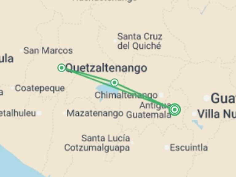 Map itinerary of Antigua Tour in September 2027 with 3 destination visits for the trip: Heart of Guatemala