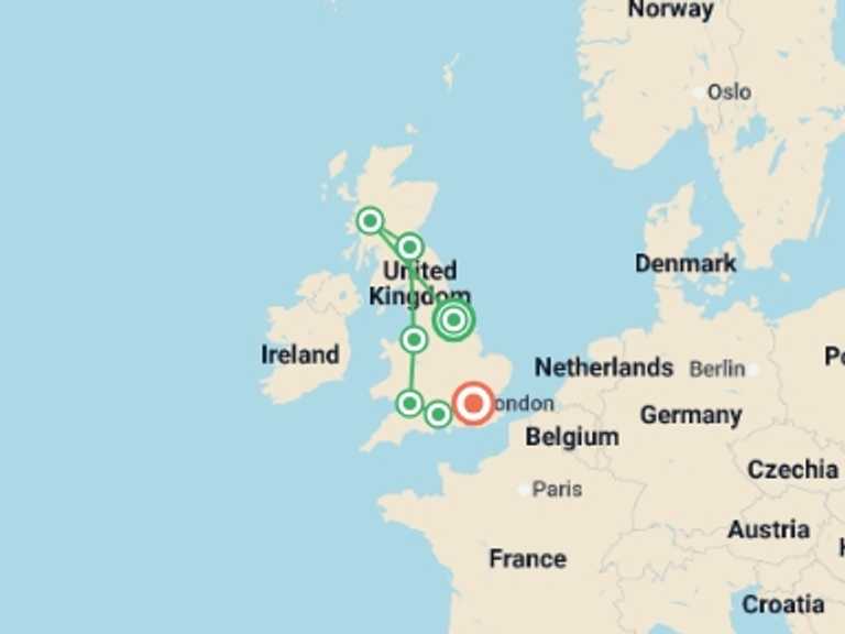 Map itinerary of England Tour in Winter with 7 destination visits for the trip: Great Britain Christmas