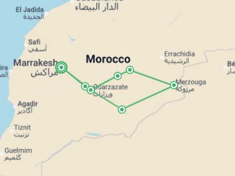 Map itinerary of Africa Tour in August 2026 with 5 destination visits for the trip: Morocco Desert & Dunes (Superior) - 8 days