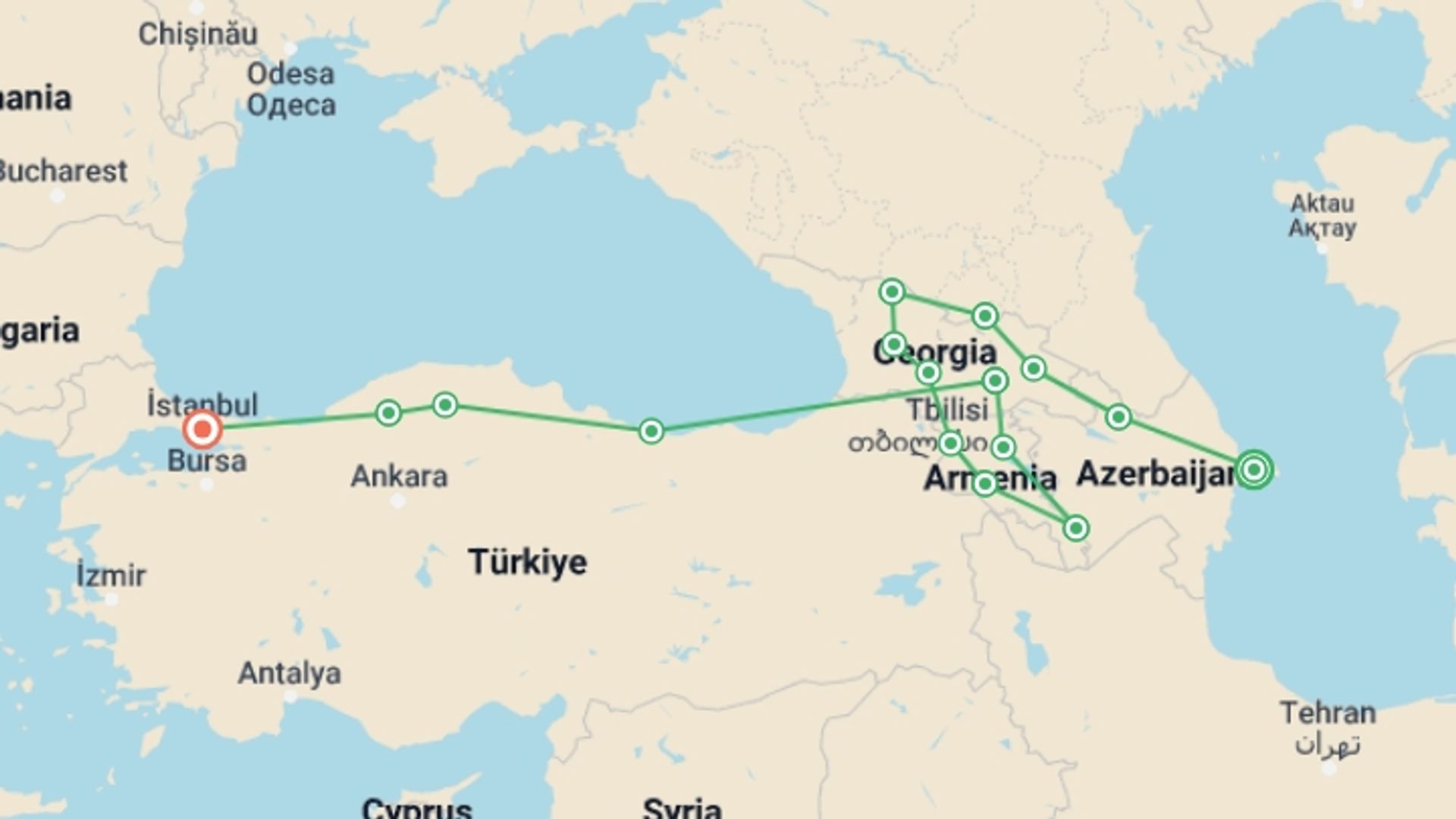 A map showing the tour itinerary for the trip: Baku to the Bosphorus , starting in Baku, Azerbaijan and ending in Istanbul, Turkey going through 14 other destinations.