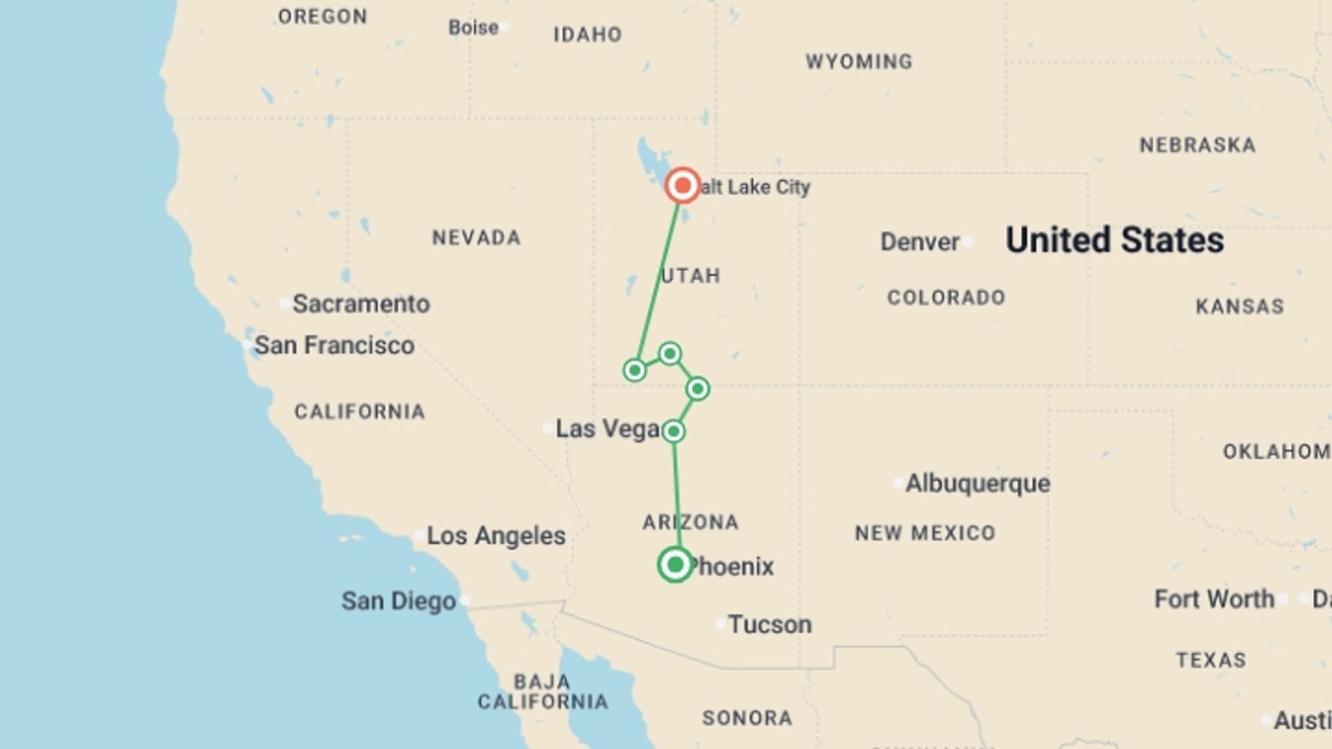 A map showing the tour itinerary for the trip: Enchanting Canyonlands, starting in Phoenix, USA and ending in Salt Lake City, USA going through 6 other destinations.