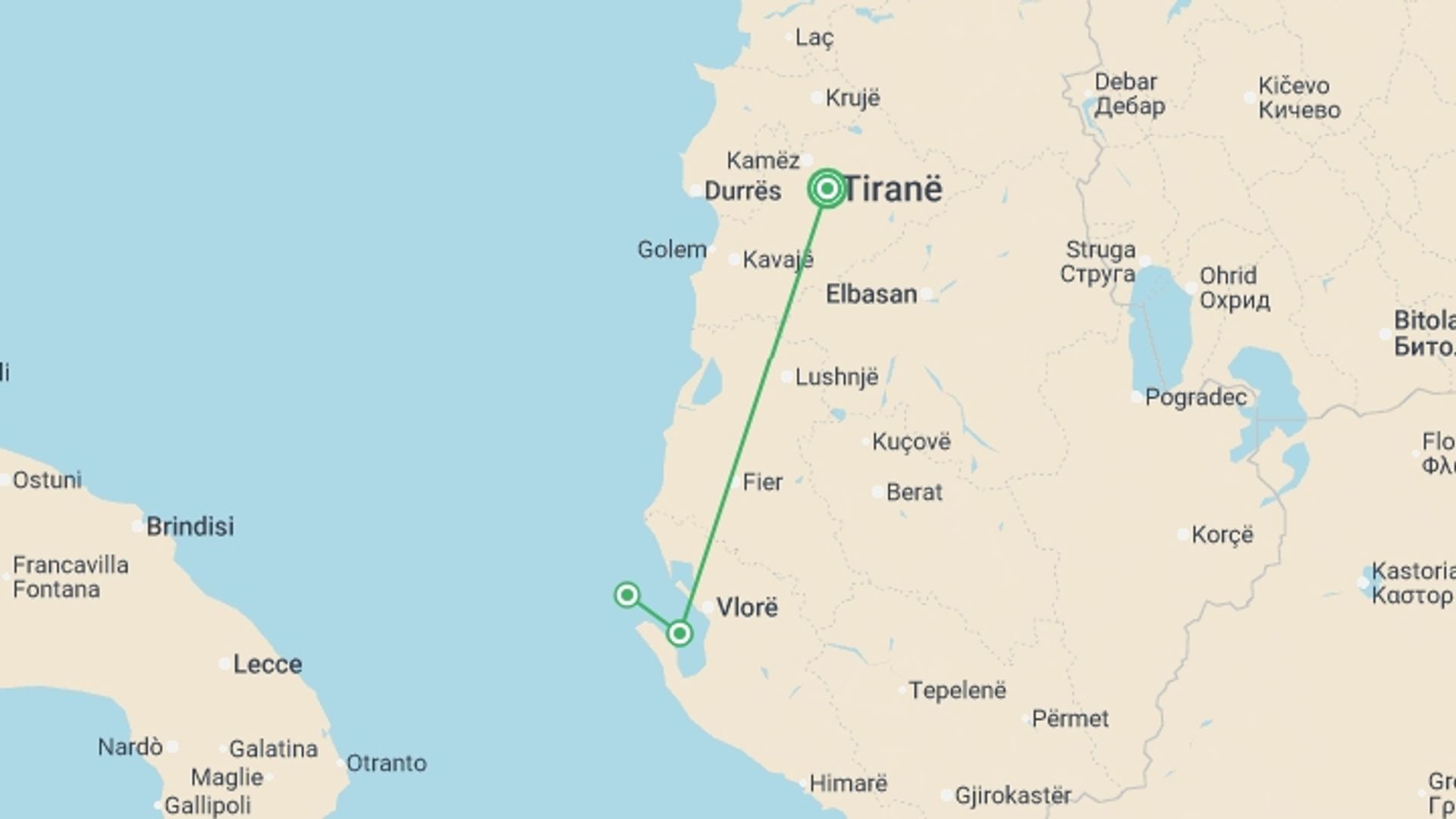 A map showing the tour itinerary for the trip: Family Albania Adventure, starting in Tirana, Albania and ending in Tirana, Albania going through 2 other destinations.