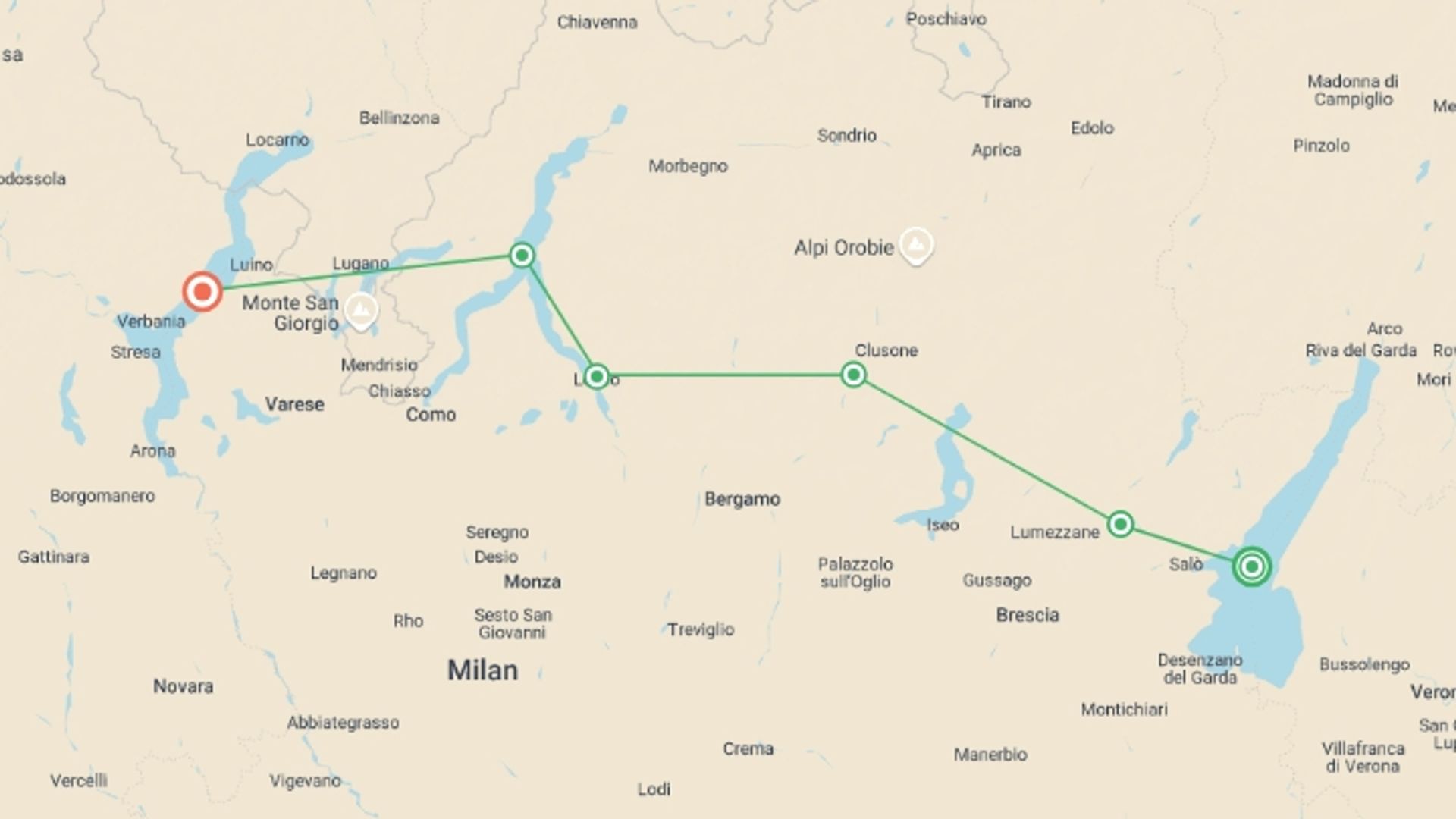 A map showing the tour itinerary for the trip: Cycling the Italian Lakes, starting in Lake Garda, Italy and ending in Ranco, Ranco going through 5 other destinations.