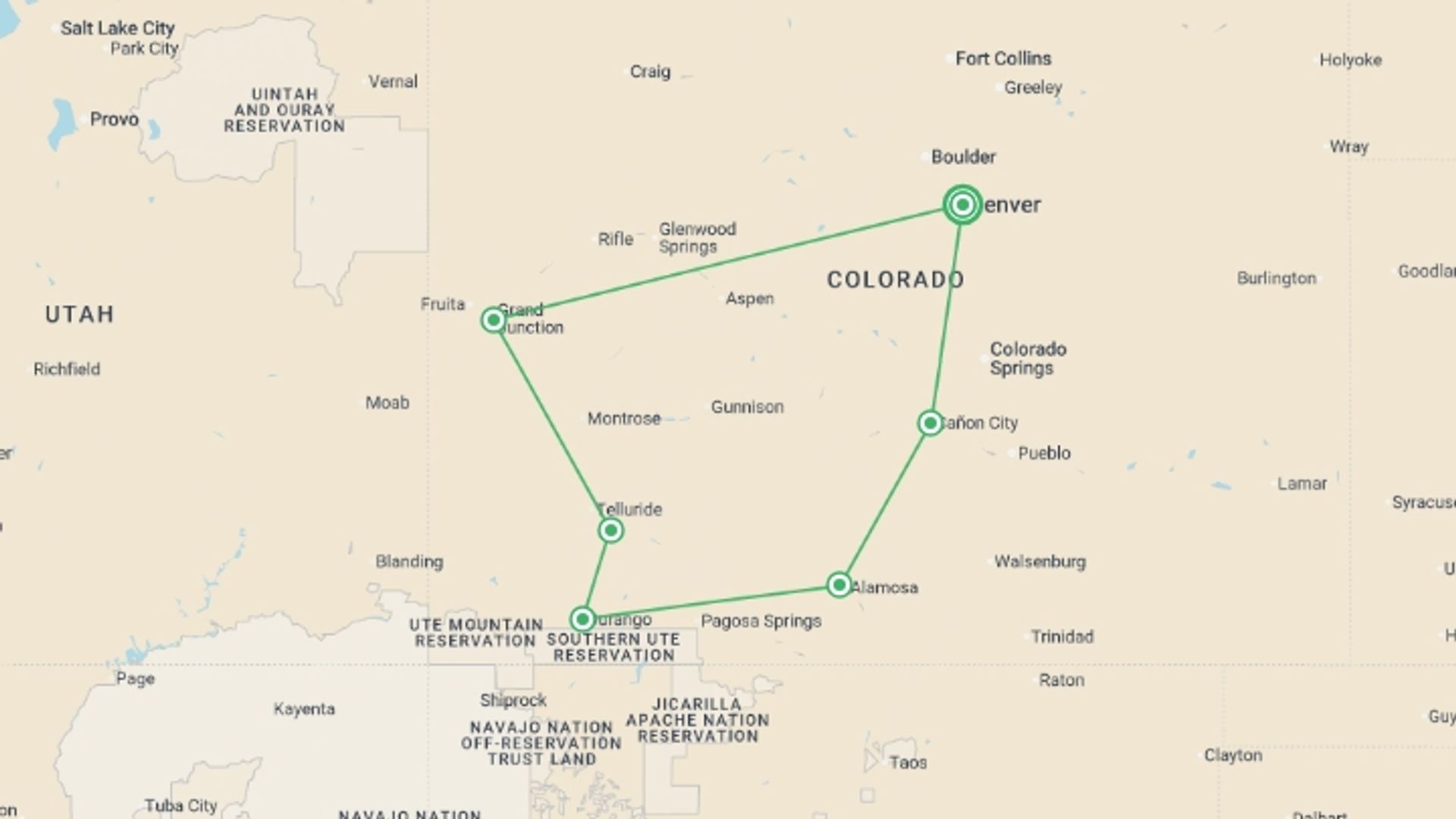A map showing the tour itinerary for the trip: Colorado & Old West Railroads - 6 days, starting in Denver, USA and ending in Denver, USA going through 4 other destinations.
