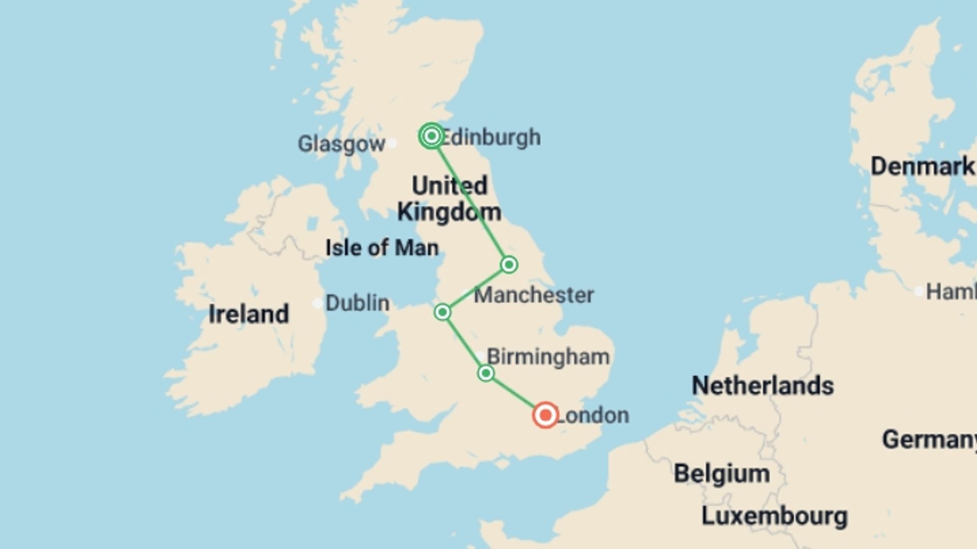 A map showing the tour itinerary for the trip: British Landscapes featuring England, Scotland and Wales, starting in Edinburgh, Scotland and ending in London, England going through 3 other destinations.