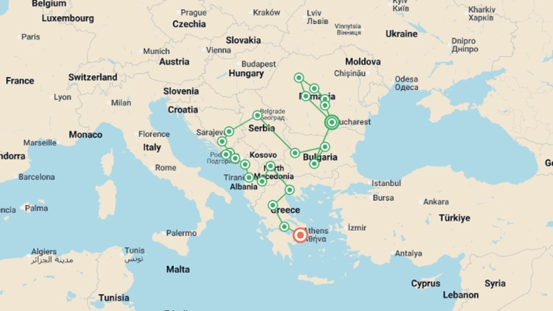 A map showing the tour itinerary for the trip: Ultimate Balkans and Transylvania, starting in Bucharest, Romania and ending in Athens, Greece going through 13 other destinations.