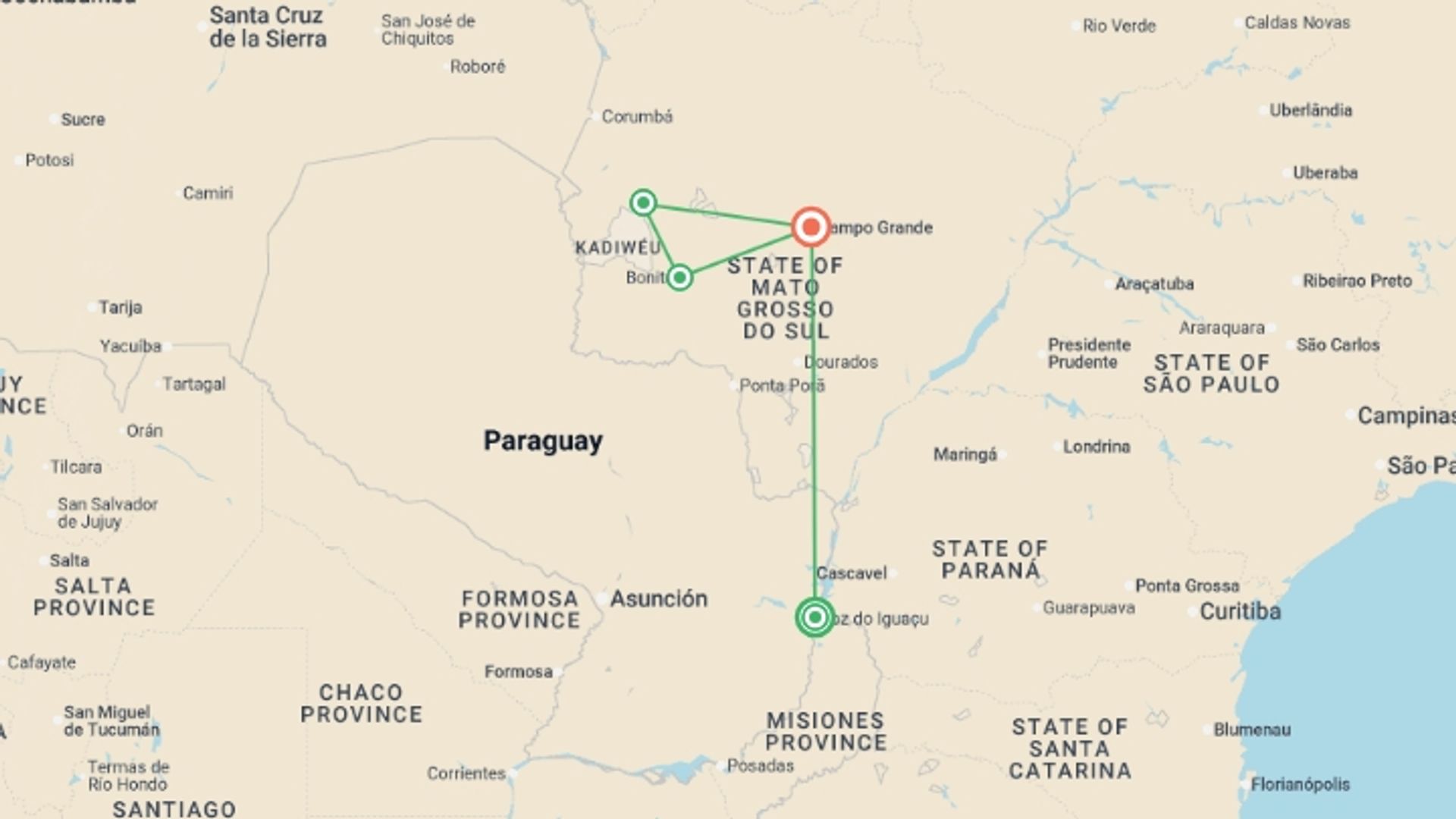 A map showing the tour itinerary for the trip: Pantanal, Bonito & Iguazu Adventure 9D/8N (from Foz do Iguacu), starting in Foz Do Iguacu, Brazil and ending in Campo Grande, Brazil going through 2 other destinations.