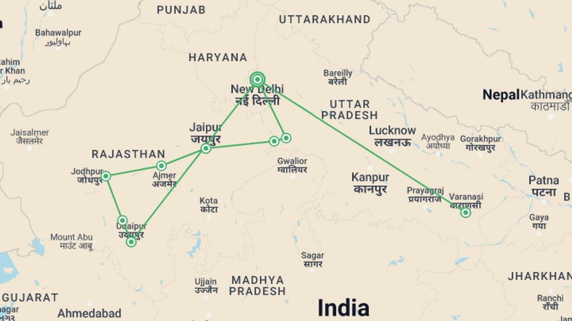 A map showing the tour itinerary for the trip: Magical Rajasthan With Varanasi, 11 Days Tour, starting in New Delhi, India and ending in New Delhi, India going through 5 other destinations.