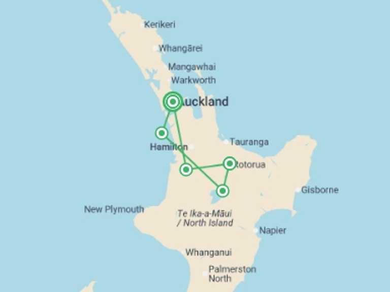 Map itinerary of Oceania Tour in August 2026 with 4 destination visits for the trip: NZ Intro North