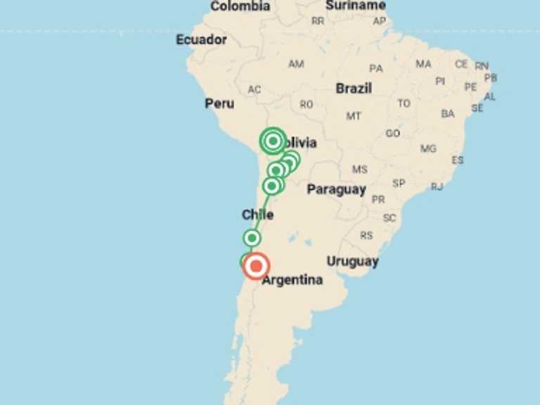 Map of a Lagoons Tour with 10 destination visits for the trip: La Paz to Santiago Travel Pass