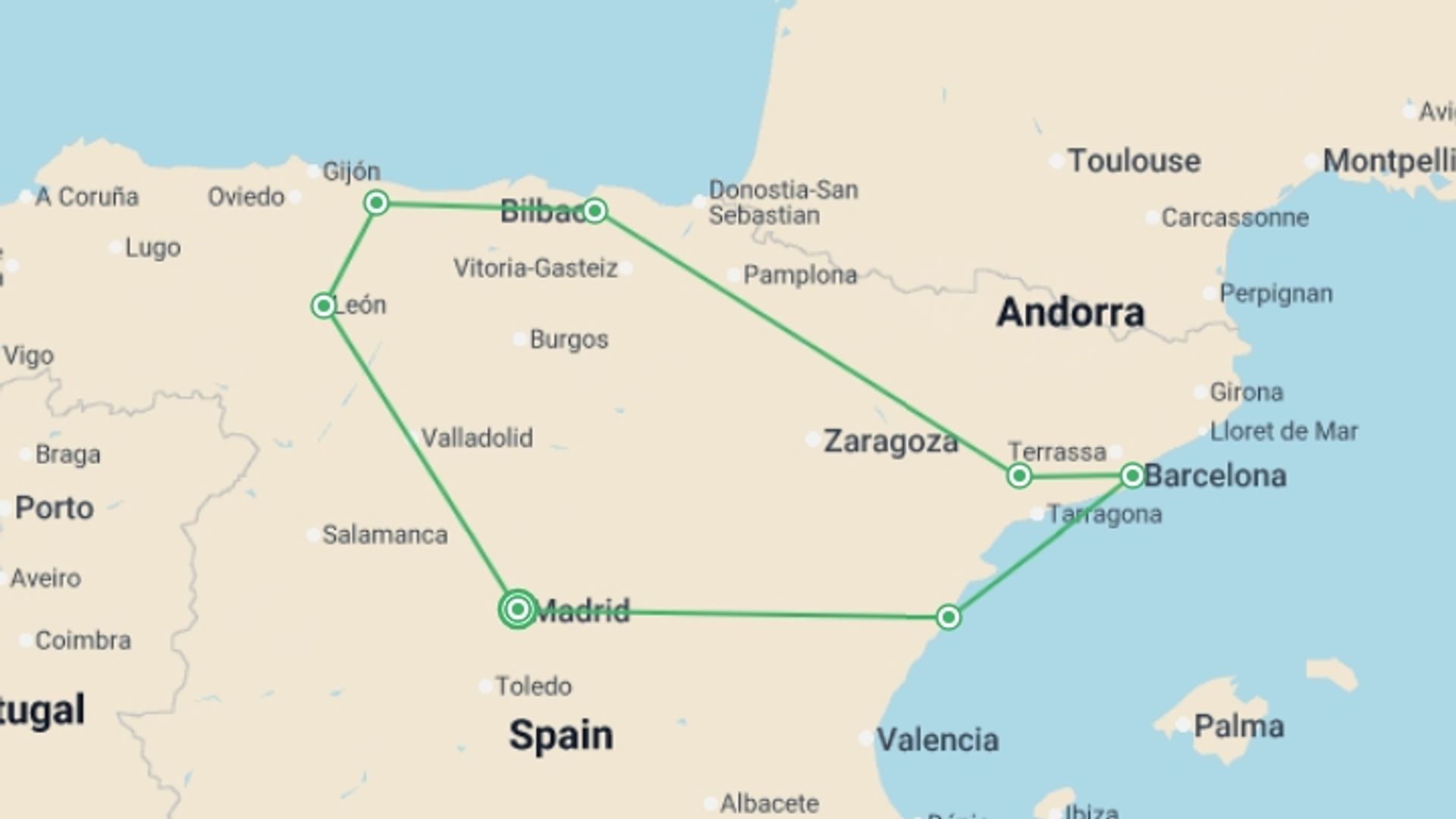 A map showing the tour itinerary for the trip: Spanish Bliss, starting in Madrid, Spain and ending in Madrid, Spain going through 6 other destinations.