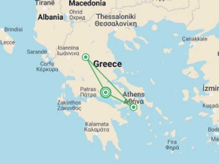 Map itinerary of Athens Tour in September 2026 with 3 destination visits for the trip: 3 Days Delphi And Meteora Tour