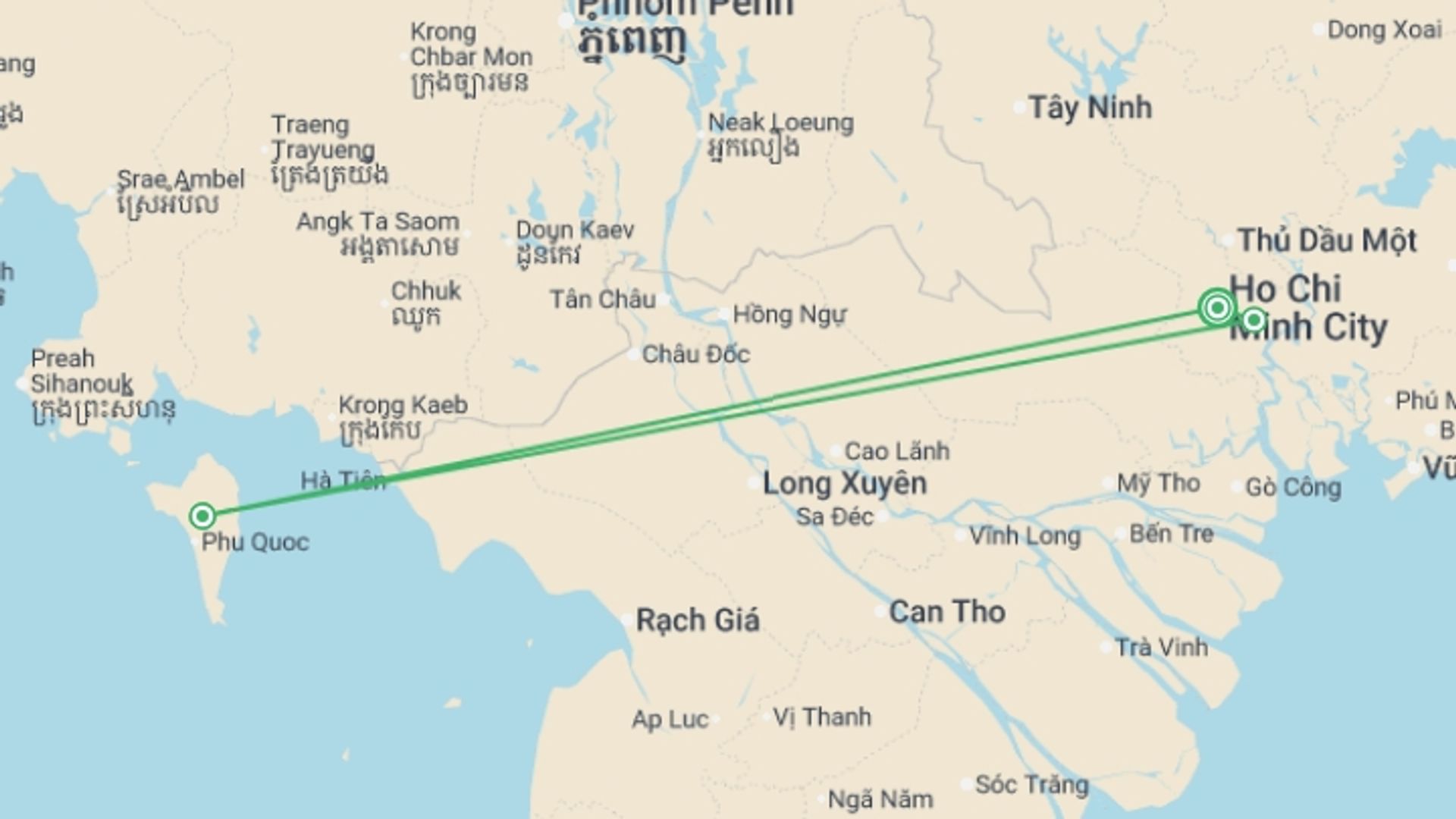 A map showing the tour itinerary for the trip: Saigon & Phu Quoc Paradise (Deluxe) - 8 days, starting in Ho Chi Minh City, Vietnam and ending in Ho Chi Minh City, Vietnam going through 2 other destinations.