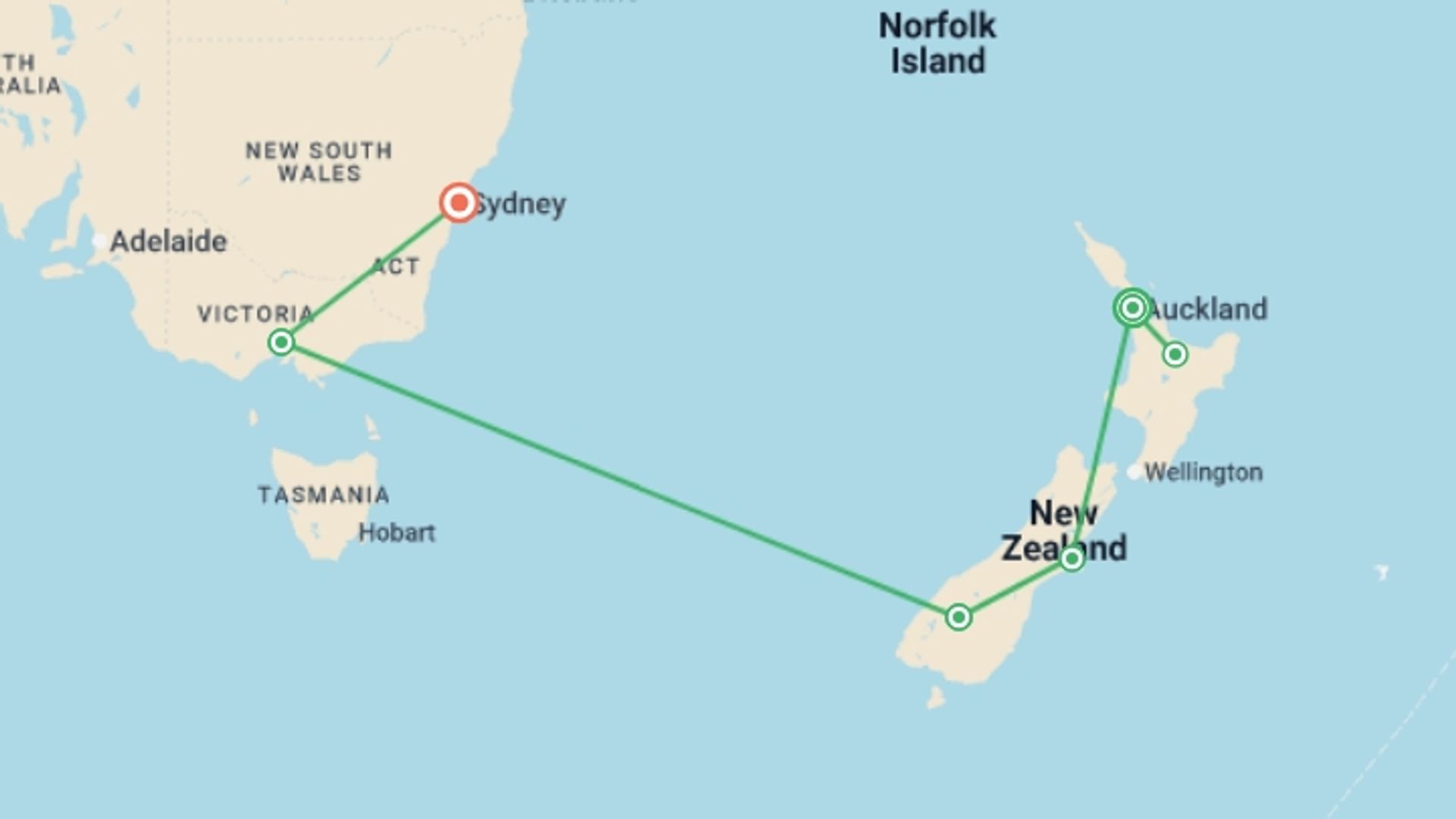 A map showing the tour itinerary for the trip: Wonders of New Zealand and Australia, starting in Auckland, New Zealand and ending in Sydney and NSW, Australia going through 5 other destinations.