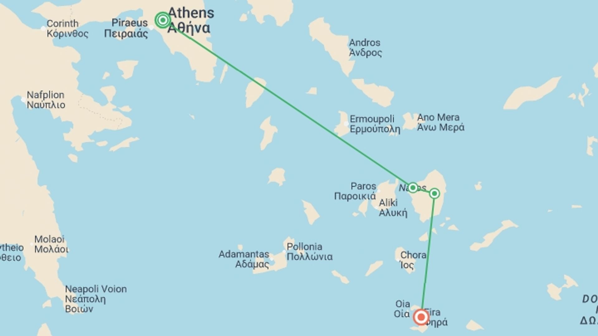 A map showing the tour itinerary for the trip: Highlights of the Greek Islands, starting in Athens, Greece and ending in Santorini, Greece going through 2 other destinations.
