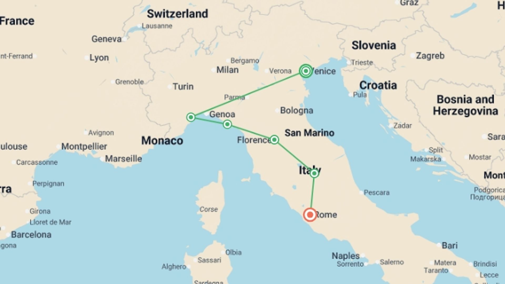 A map showing the tour itinerary for the trip: Italy Experience, starting in Venice, Italy and ending in Rome, Italy going through 4 other destinations.