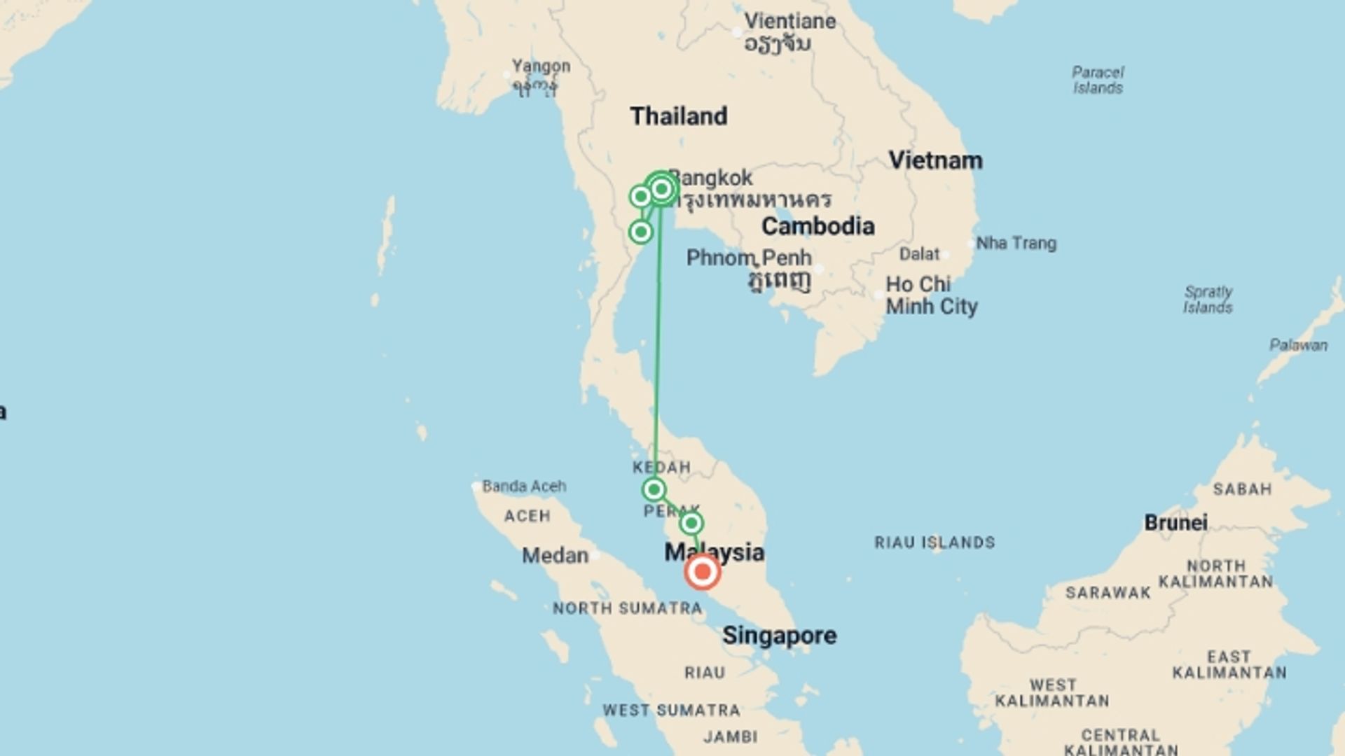 A map showing the tour itinerary for the trip: Thailand and Malaysia Explorer, starting in Bangkok, Thailand and ending in Kuala Lumpur, Malaysia going through 4 other destinations.