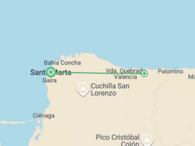 Map itinerary of Santa Marta Tour in March 2026 with 2 destination visits for the trip: Taironaka Natural Experience 3D/2N