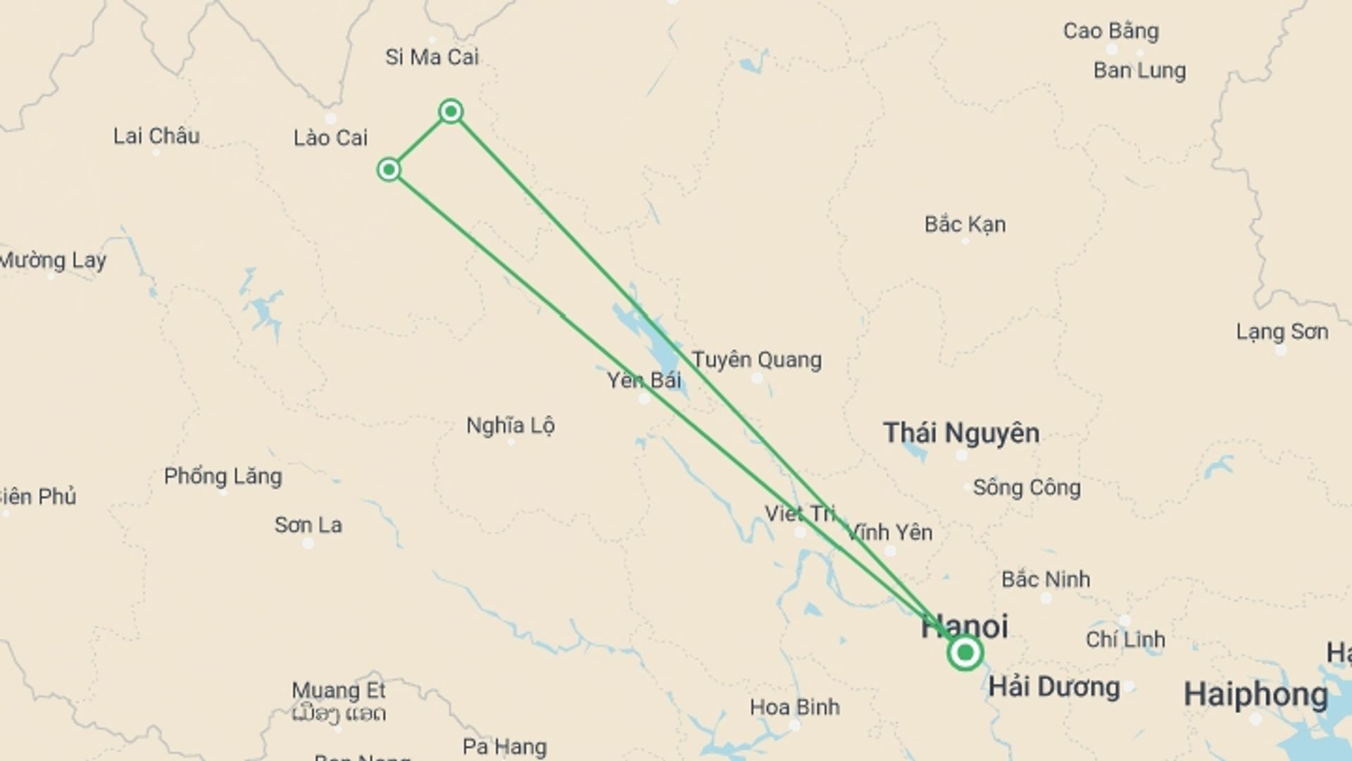 A map showing the tour itinerary for the trip: Bac Ha Trekking 2 Days 1 Night, starting in Hanoi, Vietnam and ending in Hanoi, Vietnam going through 2 other destinations.