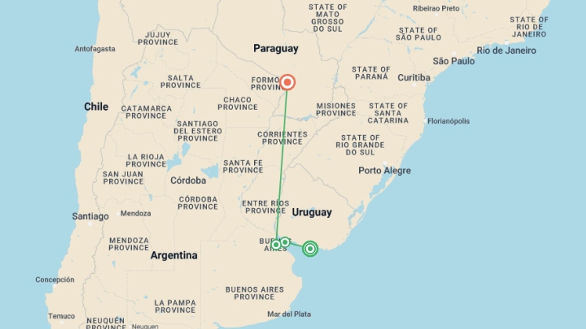A map showing the tour itinerary for the trip: Buenos Aires, Uruguay and Asunción Exploration, starting in Montevideo, Uruguay and ending in Asuncion, Paraguay going through 3 other destinations.