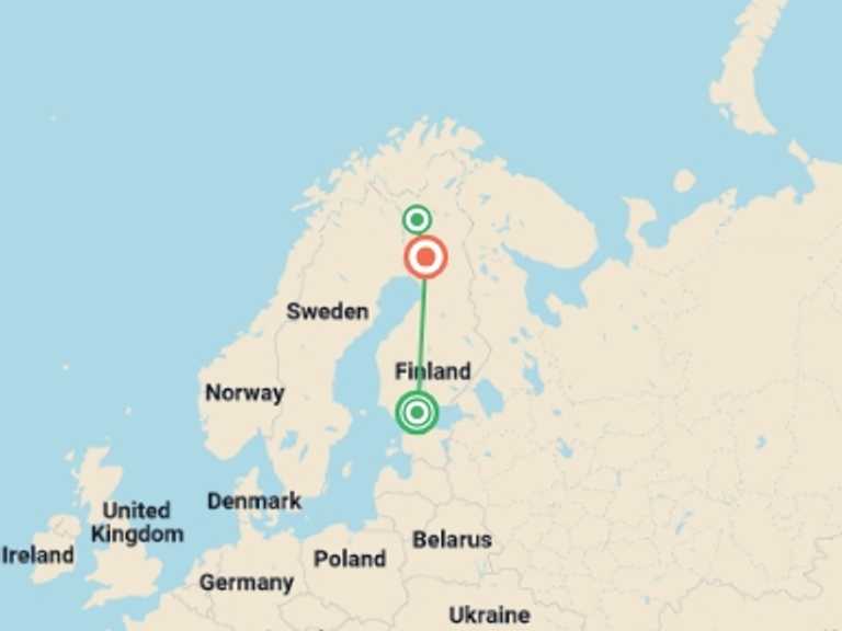 Map itinerary of Europe Tour in August 2027 with 3 destination visits for the trip: Finland Family Holiday