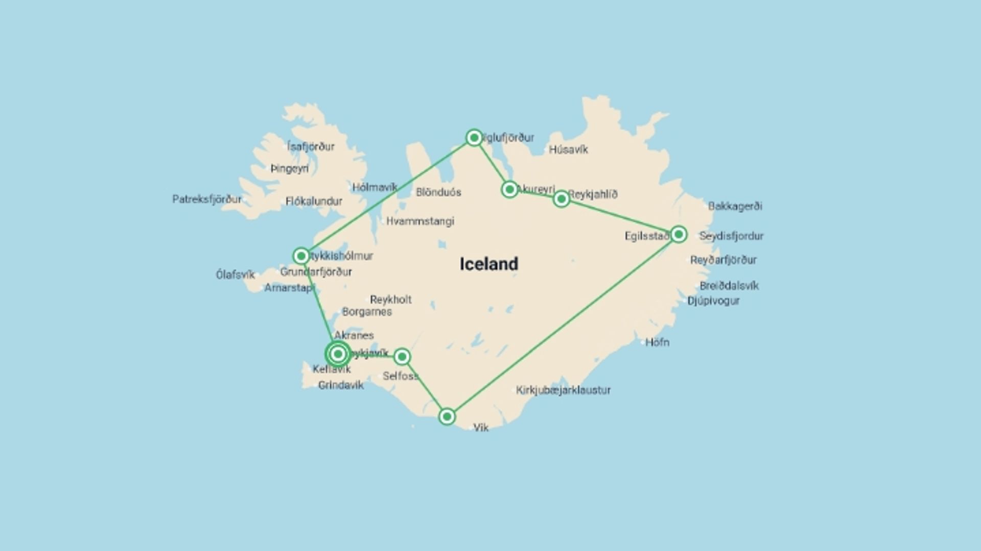 A map showing the tour itinerary for the trip: Iceland Explorer, starting in Reykjavik, Iceland and ending in Reykjavik, Iceland going through 7 other destinations.