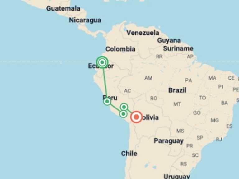 Map itinerary of Colca Canyon Tour in Fall with 5 destination visits for the trip: QUITO to LA PAZ (37 days) Andes & Amazon