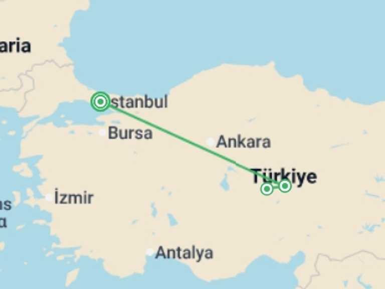 Map itinerary of Cappadocia Tour in December 2026 with 2 destination visits for the trip: Istanbul & Cappadocia 5 star - 5 days
