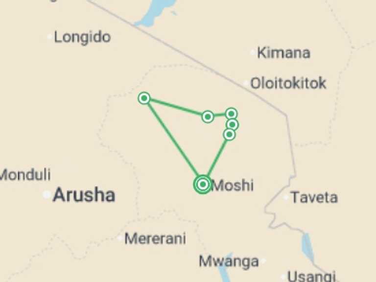 Map of Tanzania Tour with 6 destination visits for the trip: Kilimanjaro - Rongai Trek