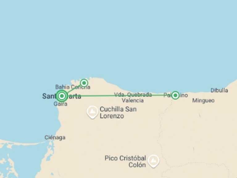 Map itinerary of Santa Marta Tour in December 2025 with 2 destination visits for the trip: Tayrona & Palomino Experience 5D/4N