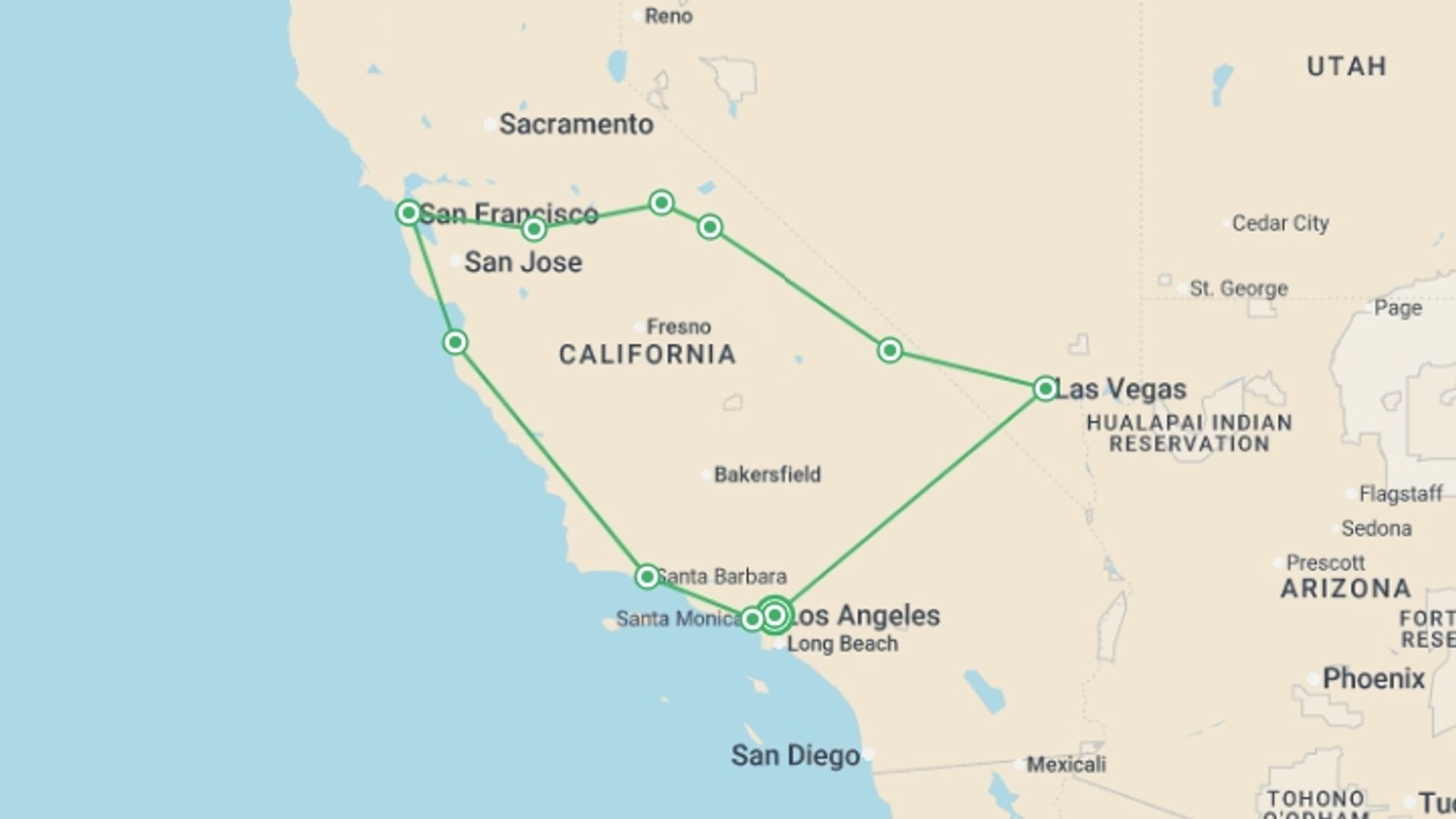 A map showing the tour itinerary for the trip: California Panorama, starting in Los Angeles, USA and ending in Los Angeles, USA going through 6 other destinations.