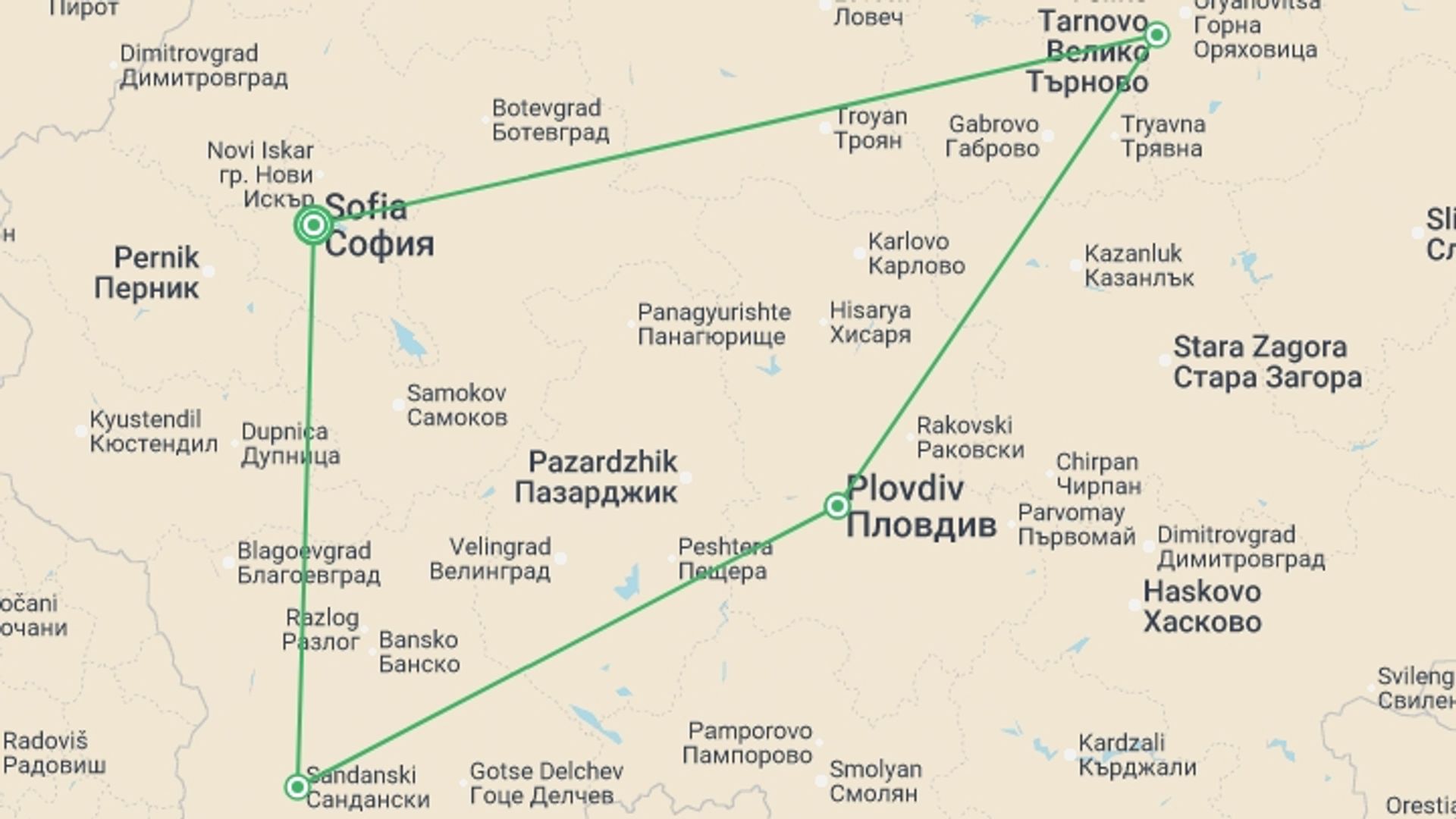 A map showing the tour itinerary for the trip: Authentic Bulgaria, starting in Sofia, Bulgaria and ending in Sofia, Bulgaria going through 2 other destinations.