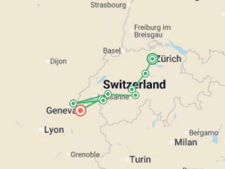 Map itinerary of Switzerland Tour in Fall with 6 destination visits for the trip: Enchanting Switzerland Small Group Tour