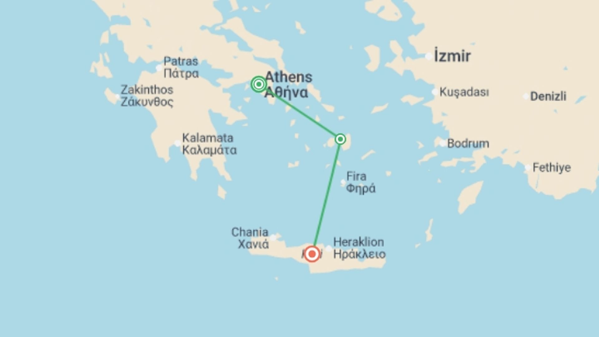 A map showing the tour itinerary for the trip: Signature Greece | Songs of the Lyre, starting in Athens, Greece and ending in Crete, Greece going through 1 other destinations.
