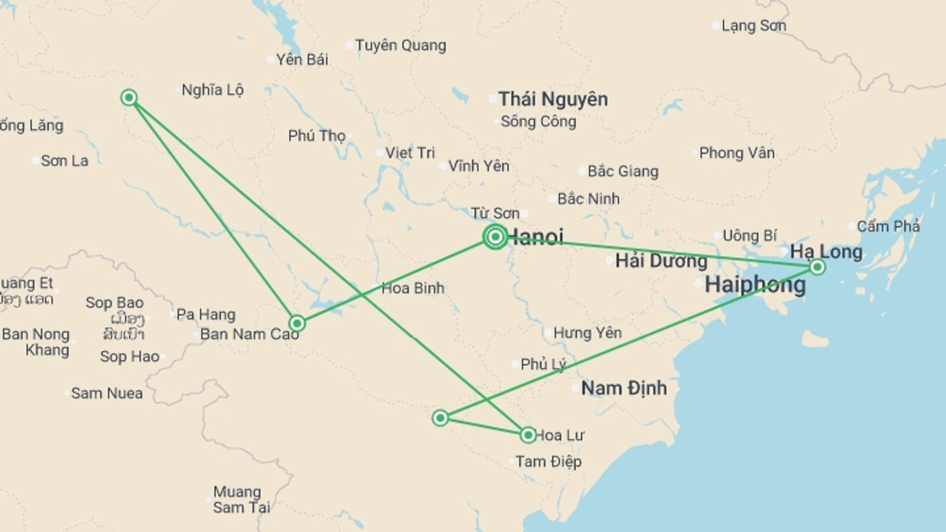 A map showing the tour itinerary for the trip: Cycling North Vietnam - 9 days, starting in Hanoi, Vietnam and ending in Hanoi, Vietnam going through 5 other destinations.