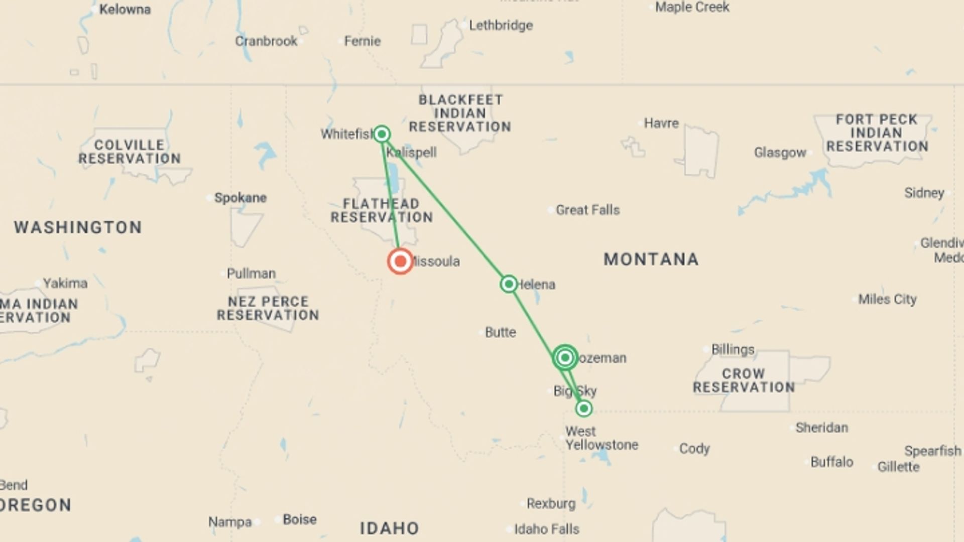 A map showing the tour itinerary for the trip: Montana: Exploring Big Sky Country featuring Yellowstone & Glacier National Parks, starting in Bozeman, USA and ending in Missoula, USA going through 4 other destinations.