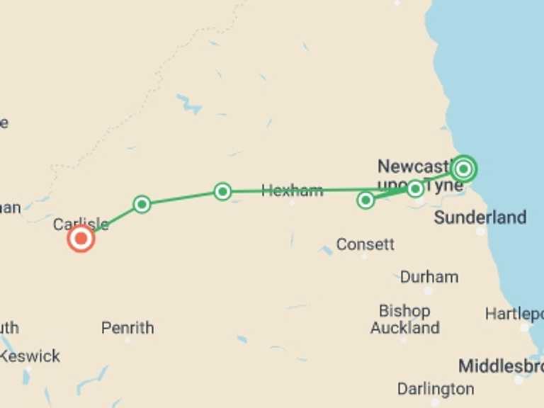 Map of England Tour with 7 destination visits for the trip: Hadrian's Wall Walk From Whitley Bay - 8 Days