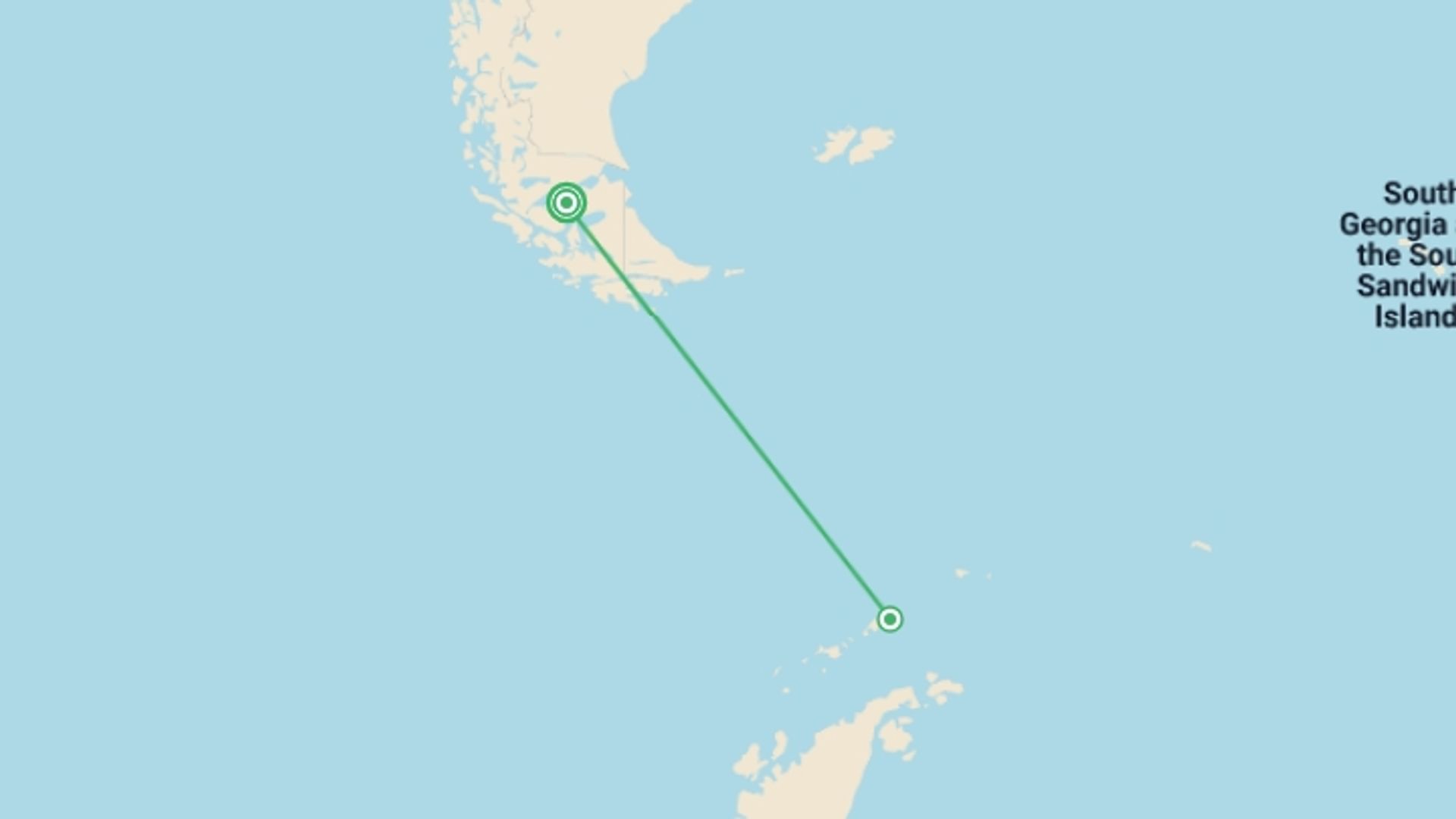 A map showing the tour itinerary for the trip: Antarctic Express: Fly the Drake, starting in Punta Arenas, Chile and ending in Punta Arenas, Chile going through 2 other destinations.