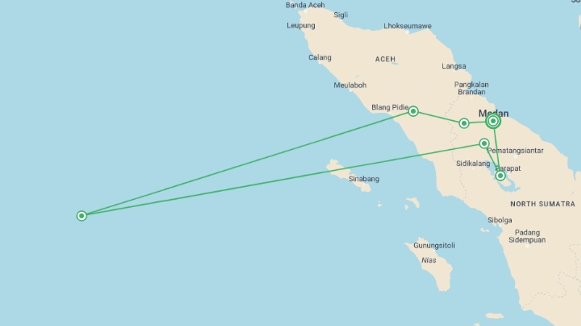 A map showing the tour itinerary for the trip: North Sumatra : Orangutans & Local Culture, starting in Medan, Indonesia and ending in Medan, Indonesia going through 7 other destinations.