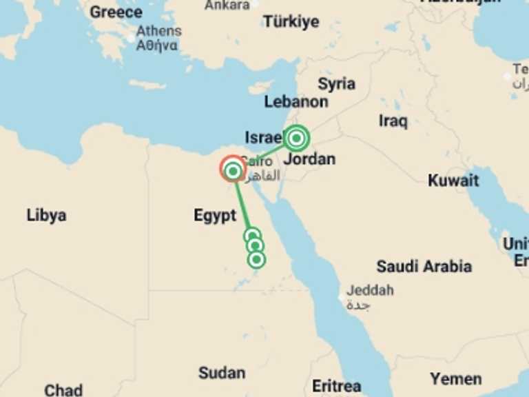Map itinerary of Mediterranean Tour in June 2026 with 6 destination visits for the trip: Petra and the Nile