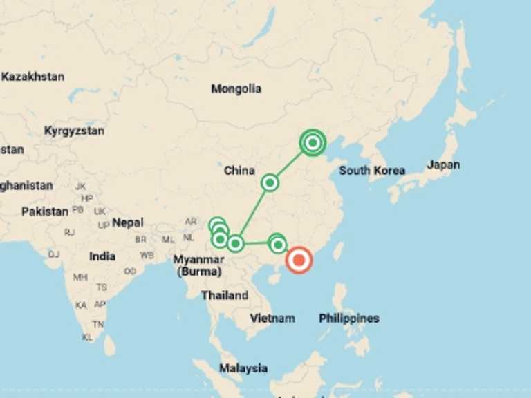 Map itinerary of Lijiang Tour in Fall with 8 destination visits for the trip: Beijing to Yunnan & Hong Kong - 16 days