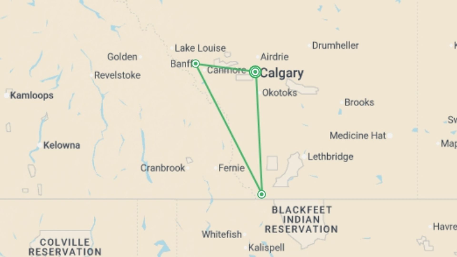 A map showing the tour itinerary for the trip: Canadian Rockies & Glacier National , starting in Calgary, Canada and ending in Calgary, Canada going through 2 other destinations.